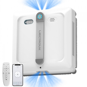 Fönsterputsrobot Liectroux S9 med 2 rullborstar, 6-vägs vattenpumpspray, borstlös motor, 9 kPa sugkraft, ramfri användning, 8 mikrobrytare, säkerhetslina och strömkabel i ett, app- och fjärrkontroll, röstmeddelanden